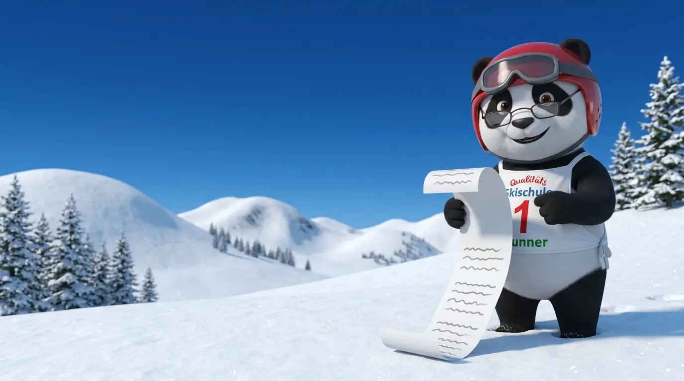 La mascotte panda con gli occhiali legge un lungo rotolo di carta