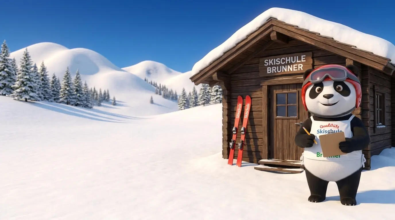 Panda-Maskottchen mit Klemmbrett und Stift vor der Skischulhütte