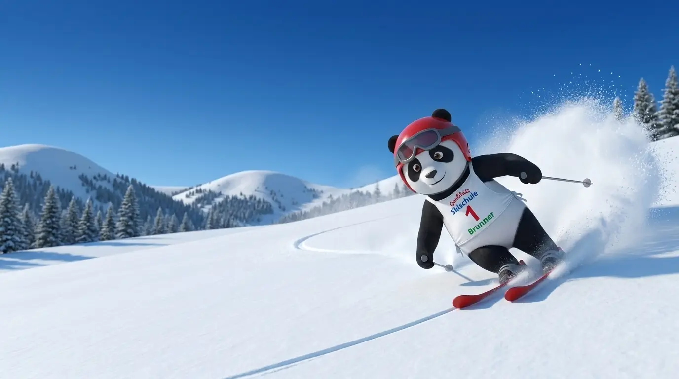 Panda-Maskottchen carvt mit tiefer Kurvenlage und Schneefontäne wie ein Rennläufer