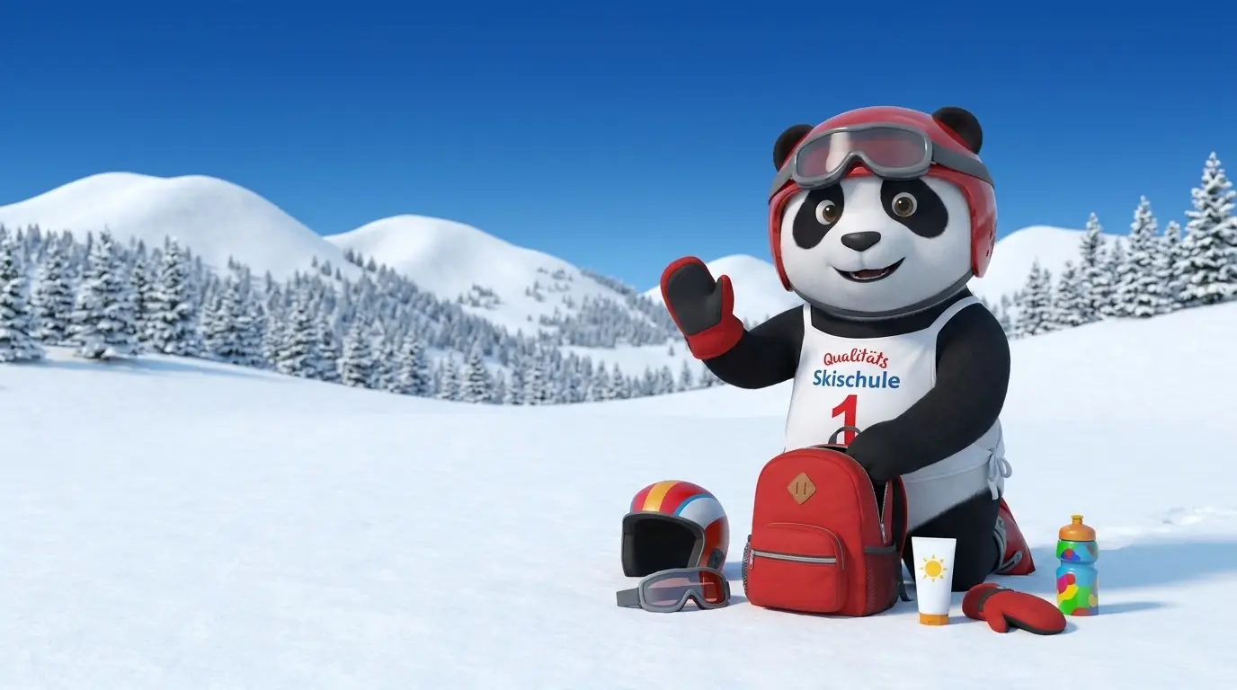 Panda-Maskottchen packt einen Kinderrucksack mit Helm, Brille und Handschuhen