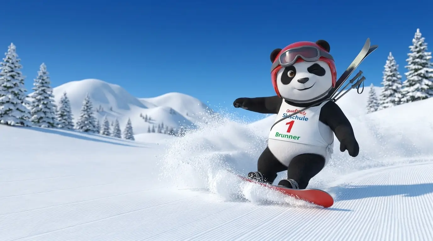 Panda-Maskottchen fährt Snowboard und trägt Langlaufski auf dem Rücken